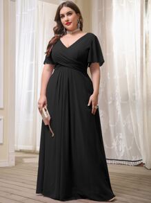 Plus Chiffon Double V-neck Flutter Sleeve Maxi Bridesmaid Dress - Black - View 7