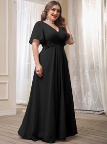 Plus Chiffon Double V-neck Flutter Sleeve Maxi Bridesmaid Dress - Black - View 8