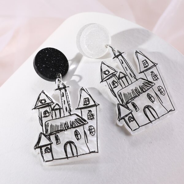 

Girls House Design Drop Earrings, Black and white
