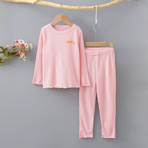 

Toddler Girls Ribbed Knit Lettuce Trim Bow Front Tee & Leggings, Baby pink