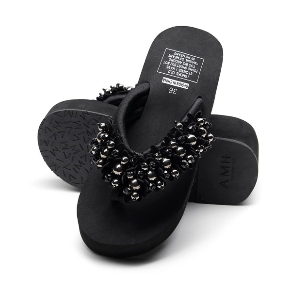 

Metal Decor Wedge Flip-Flops, Black