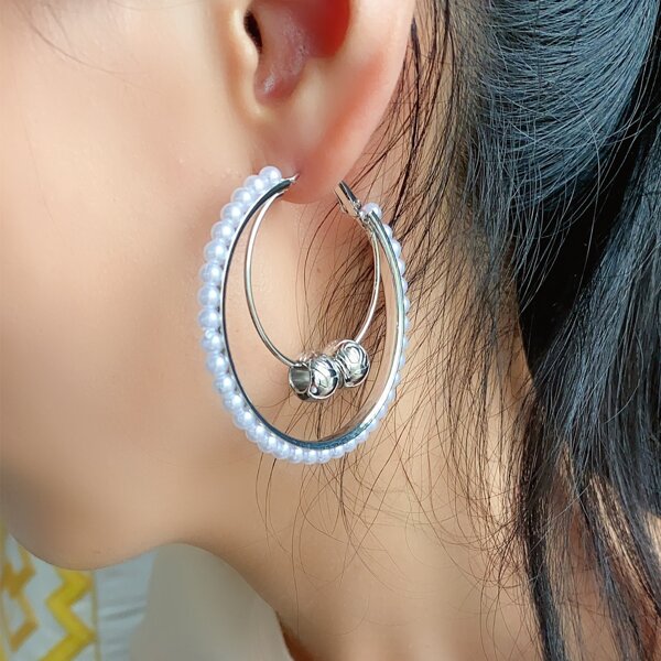 

Faux Pearl Hoop Earrings, Silver