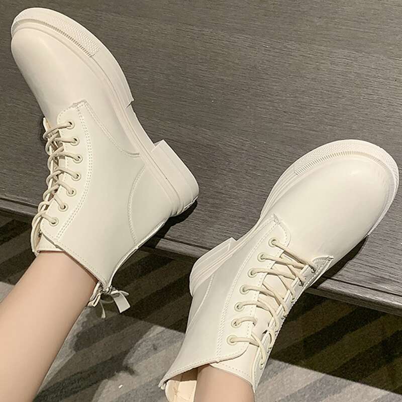 

Zip Detail Lace-up Combat Boots, Beige