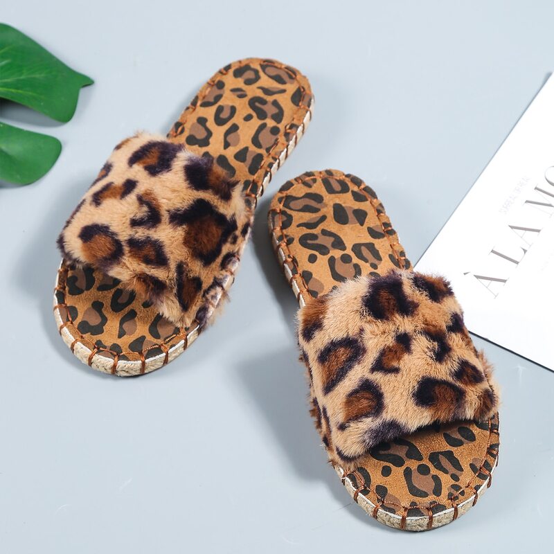

Leopard Print Fluffy Strap Sandals, Brown
