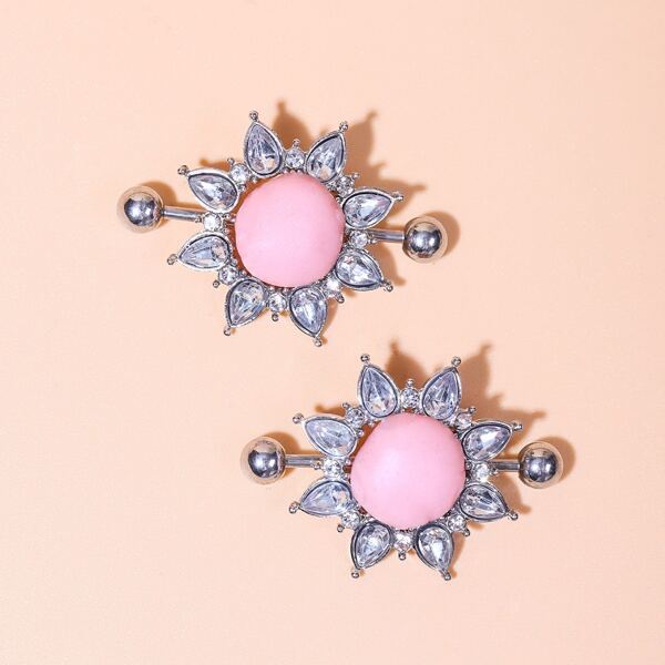 

2pcs Rhinestone Decor Nipple Ring, Silver