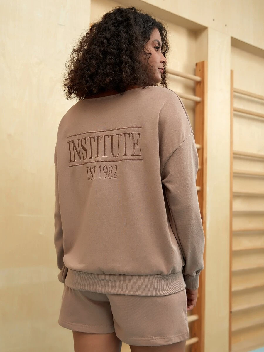 SHEIN Letter Embroidery Drop Shoulder Pullover - Mocha Brown - View 1