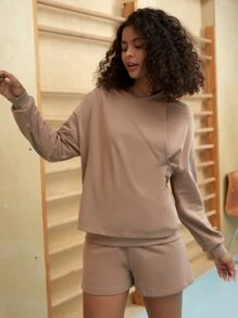 SHEIN Letter Embroidery Drop Shoulder Pullover - Mocha Brown - View 3