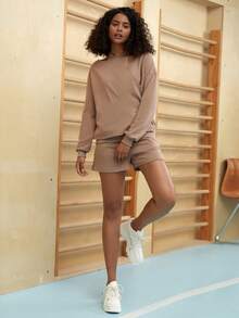 SHEIN Letter Embroidery Drop Shoulder Pullover - Mocha Brown - View 5