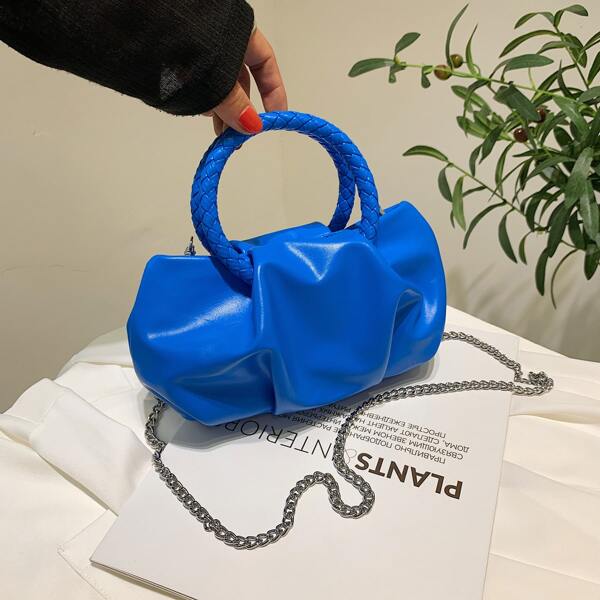 

Ring Handle Chain Ruched Bag, Blue