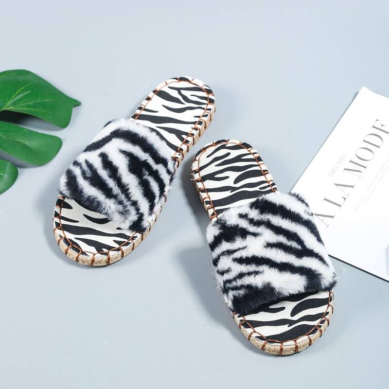 

Zebra Print Fluffy Strap Sandals, Black and white