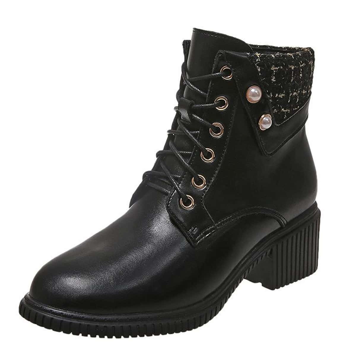 

Faux Pearls Decor Chunky Boots, Black
