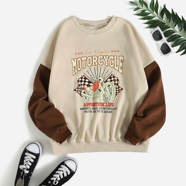 

Motorcycle & Slogan Graphic Contrast Sleeve Thermal Lined Sweatshirt, Multicolor