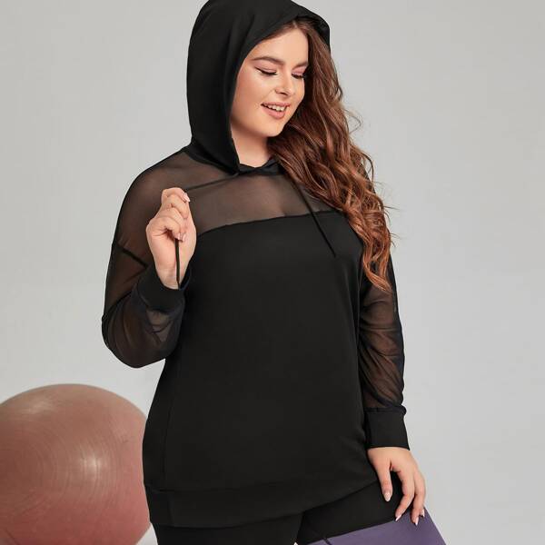 

Plus Contrast Mesh Drawstring Sports Hoodie, Black