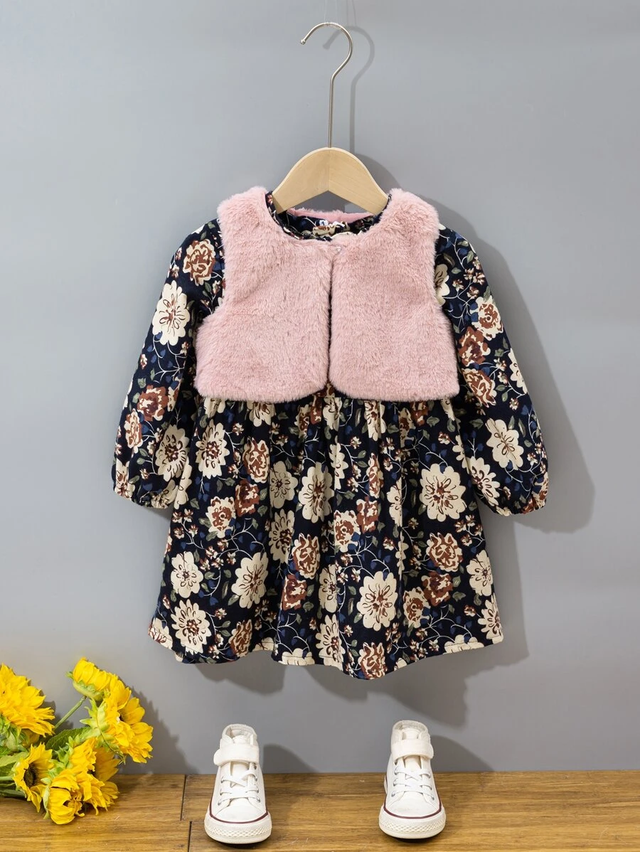 Toddler Girls Floral Print Bishop Sleeve Dress & Vest Jacket