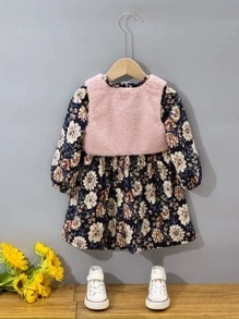 Toddler Girls Floral Print Bishop Sleeve Dress & Vest Jacket
