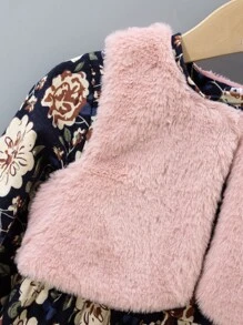 Toddler Girls Floral Print Bishop Sleeve Dress & Vest Jacket