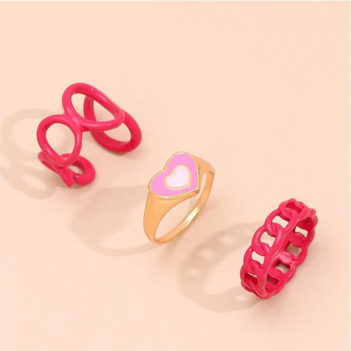 

3pcs Heart Decor Ring, Pink