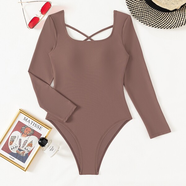 

Plain Square Neck One Piece Swimsuit, Coffee brown
