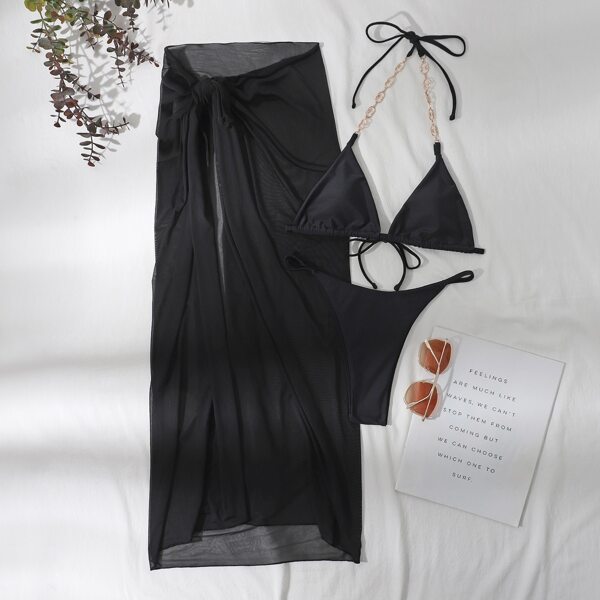 

3pack Chain Linked Halter Bikini Swimsuit & Beach Skirt, Black