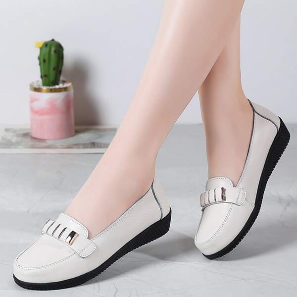 

Leather Metallic Slip On Loafers, Beige