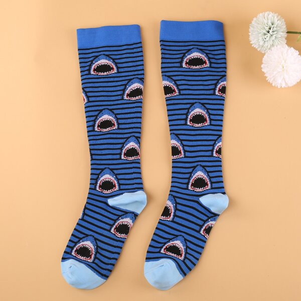 

Men Shark Print Football Socks, Blue