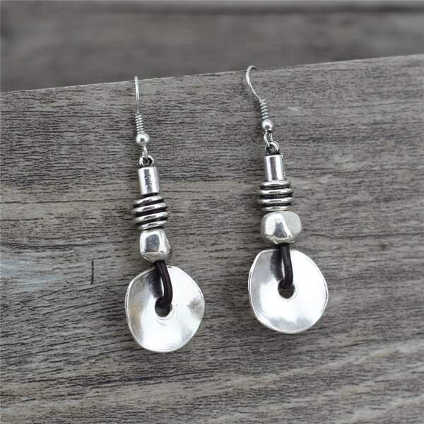 

Irregular Round Drop Earrings, Antique silver