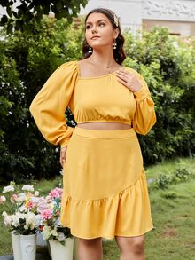 SHEIN Frenchy Plus Asymmetrical Neck Lantern Sleeve Crop Top & Ruffle Hem Skirt - Yellow - View 4