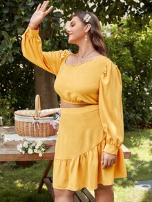 SHEIN Frenchy Plus Asymmetrical Neck Lantern Sleeve Crop Top & Ruffle Hem Skirt - Yellow - View 5