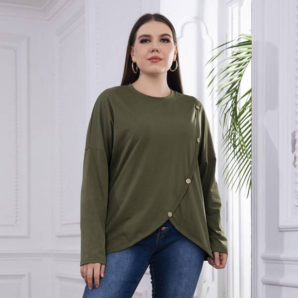 

Plus Tulip Hem Button Front Tee, Army green