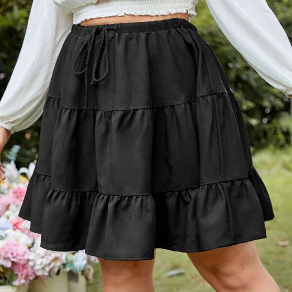 

Plus Drawstring Waist Ruffle Hem Skirt, Black