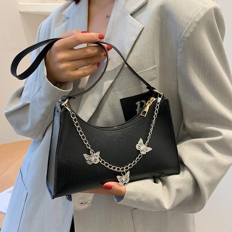 

Butterfly & Chain Decor Shoulder Bag, Black