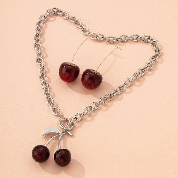 

Cherry Charm Necklace & Drop Earrings, Burgundy