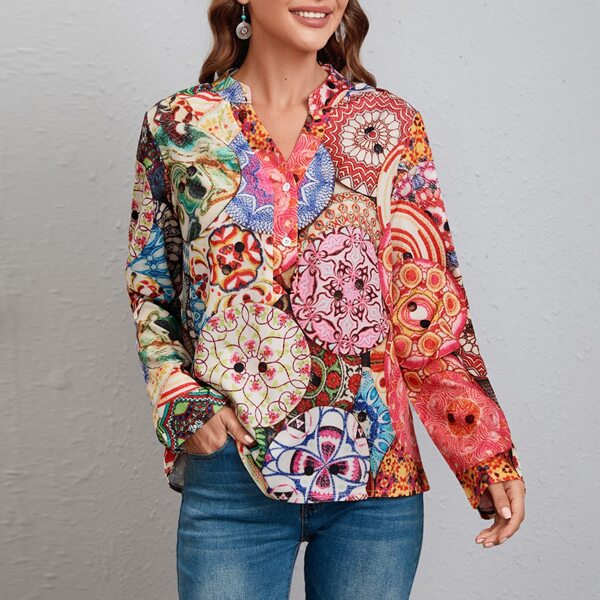 

Mandala Print Half Button Notched Neck Blouse, Multicolor