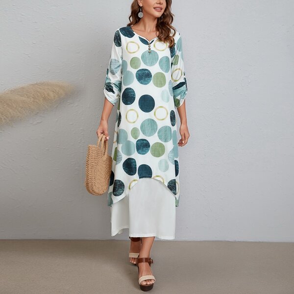 

Polka Dot Print Roll Up Sleeve Dress, White