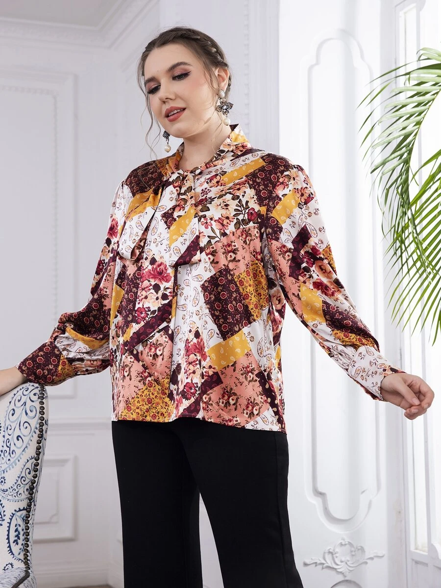 Plus Paisley Patchwork Tie Neck Blouse - Multicolor - View 1