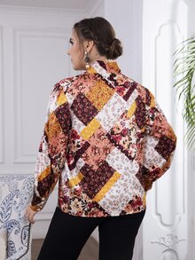 Plus Paisley Patchwork Tie Neck Blouse - Multicolor - View 2