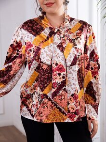 Plus Paisley Patchwork Tie Neck Blouse - Multicolor - View 3