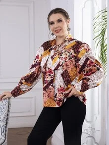 Plus Paisley Patchwork Tie Neck Blouse - Multicolor - View 4