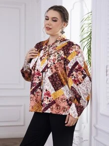 Plus Paisley Patchwork Tie Neck Blouse - Multicolor - View 5