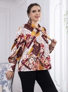 Plus Paisley Patchwork Tie Neck Blouse - Multicolor - View 6