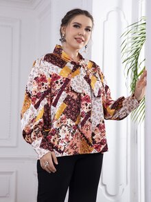 Plus Paisley Patchwork Tie Neck Blouse - Multicolor - View 7