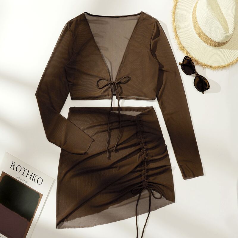

Plain Drawstring Cover Up Top With Skirt Set, Brown