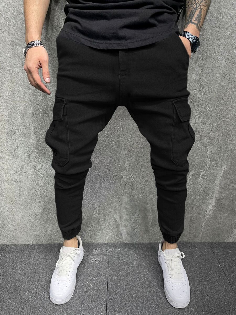 Manfinity LEGND Men Dual Flap Pocket Cargo Jeans Slim Fit Long Washed Dark Wash Jean Plain Black Party Fashion Friends - Black - View 1
