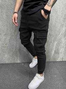 Manfinity LEGND Men Dual Flap Pocket Cargo Jeans Slim Fit Long Washed Dark Wash Jean Plain Black Party Fashion Friends - Black - View 4