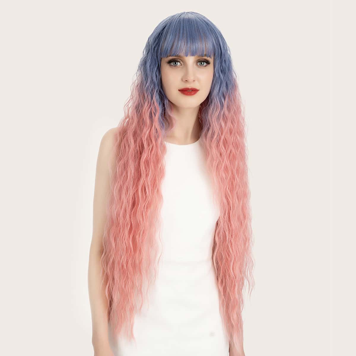 

Natural Long Curly Ombre Wig With Bangs, Multicolor