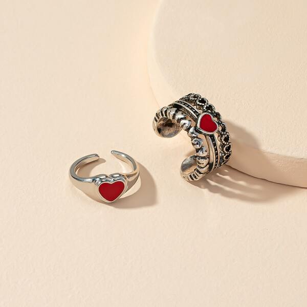 

2pcs Heart Pattern Ring, Antique silver