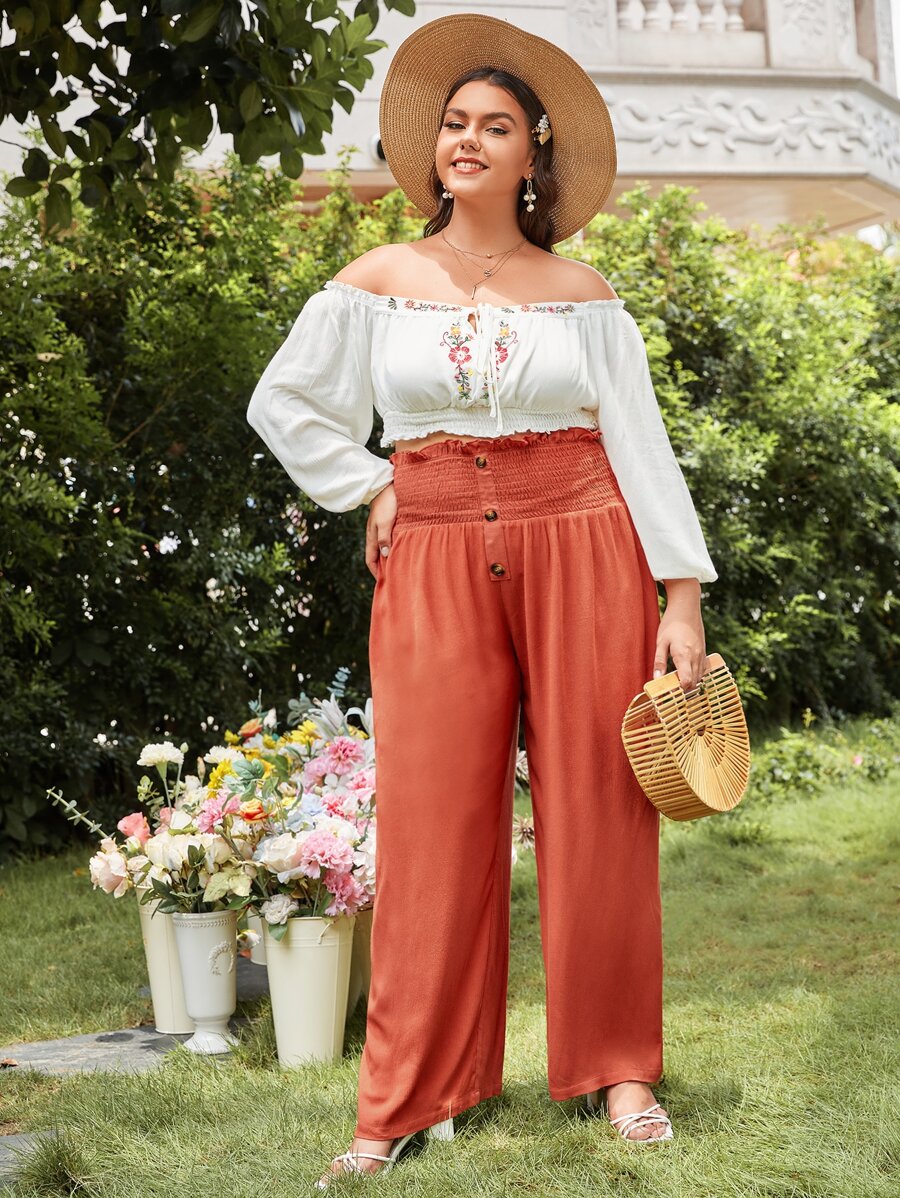 Plus Button Detail Shirred Wide Leg Pants - Burnt Orange - View 1