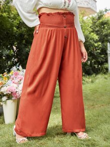 Plus Button Detail Shirred Wide Leg Pants - Burnt Orange - View 3