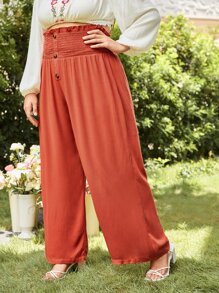 Plus Button Detail Shirred Wide Leg Pants - Burnt Orange - View 5