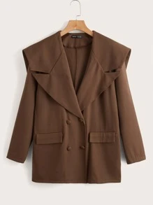 SHEIN Privé Double Breasted Flap Detail Statement Collar Coat - Rust Brown - View 1